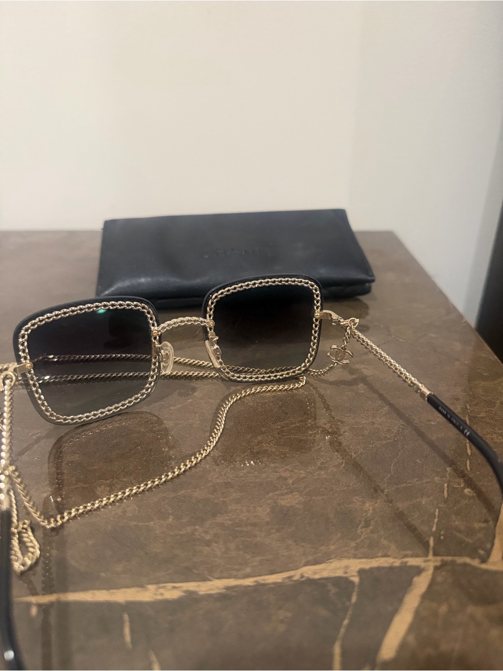 CHANEL Black Gradient Square Sunglasses with Gold Chain Trim - Picture 5 of 5